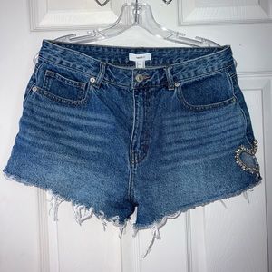 Denim Shorts With Rhinestone Heart